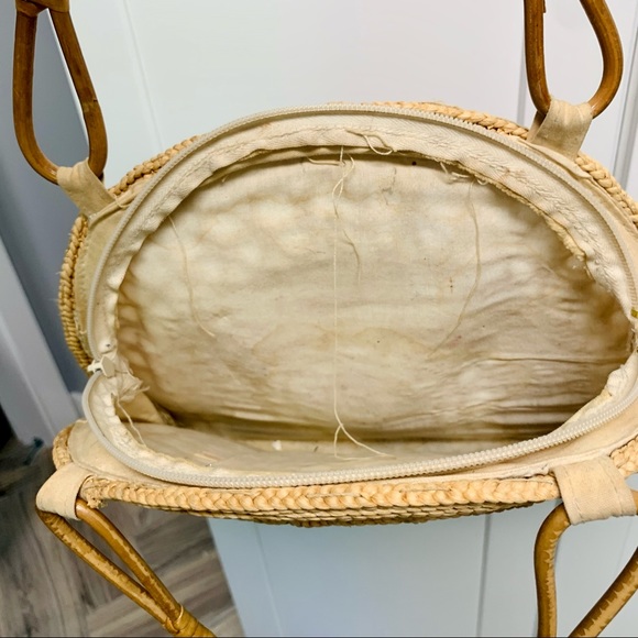 Vintage Woven Straw Half Moon Rattan Whicker Purse Clutch boho aesthetic modern - Picture 6 of 10